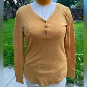 Women's Golden Long Sleeve Henley Top layering comfort winter fall large L